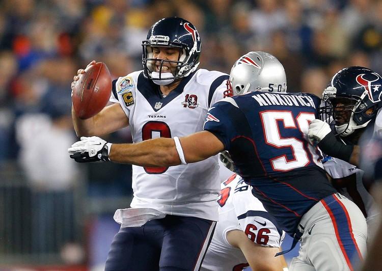 <a><img class="size-full wp-image-1773595" title="Houston Texans v New England Patriots" src="https://www.theepochtimes.com/assets/uploads/2015/09/Texans158173131.jpg" alt="Houston Texans quarterback Matt Schaub is pressured by New England Patriots linebacker Rob Ninkovich. Schaub and the Texans had a game to forget in Foxborough, Mass. on Monday. (Jim Rogash/Getty Images) " width="750" height="532"/></a>