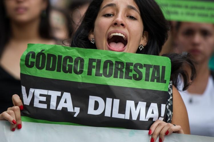 <a><img class="size-large wp-image-1786807" title="A woman raises a banner demanding Brazilian President Dilma Rousseff to veto a forest code approved by the congress last month, in Sao Paulo, Brazil on May, 5, 2102. The current code, which dates back to1965 limits the use of land for farming and mandates that up to 80 percent of privately-owned land in the Amazon rainforest remains intact. The new bill, which Rousseff repeatedly promised to veto while on the campaign trail in 2010, would allow landowners to cultivate riverbanks and hillsides that were previously exempt, and would provide an amnesty from fines for illegally clearing trees before July 2008.  AFP PHOTO/Yasuyoshi CHIBA        (Photo credit should read YASUYOSHI CHIBA/AFP/GettyImages)" src="https://www.theepochtimes.com/assets/uploads/2015/09/Veta143929243.jpg" alt="" width="590" height="392"/></a>