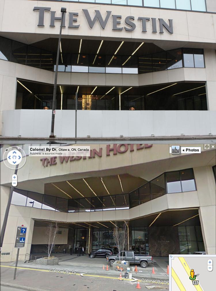 <a><img src="https://www.theepochtimes.com/assets/uploads/2015/09/Westin_Ottawa_Composite.jpg" alt="The Westin Hotel in Ottawa prior to the arrival of Chinese leader Hu Jintao. (above) The same hotel shown in Google street view without the wall placed in front. (below) The hotel manager says the wall was erected for the 'safety and quiet enjoyment' of Hu and his delegation. (Top -Lin Yue/The Epoch Times & Street View/Goolge maps)" title="The Westin Hotel in Ottawa prior to the arrival of Chinese leader Hu Jintao. (above) The same hotel shown in Google street view without the wall placed in front. (below) The hotel manager says the wall was erected for the 'safety and quiet enjoyment' of Hu and his delegation. (Top -Lin Yue/The Epoch Times & Street View/Goolge maps)" width="320" class="size-medium wp-image-1818173"/></a>