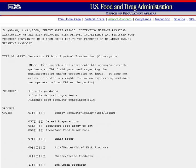 <a><img src="https://www.theepochtimes.com/assets/uploads/2015/09/fdalert.jpg" alt="Impoert Alert IA #99-30: Detention of all milk products from China due to the presence of melamine and/or melamine analogs (www.fda.gov)" title="Impoert Alert IA #99-30: Detention of all milk products from China due to the presence of melamine and/or melamine analogs (www.fda.gov)" width="320" class="size-medium wp-image-1832972"/></a>