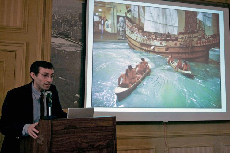 <a><img src="https://www.theepochtimes.com/assets/uploads/2015/09/lanape.jpg" alt="Dr. David M. Oestreicher, an expert on the Lenape, or Delaware, people stands next to a depiction of the Native American canoes greeting the European vessels off the shores of New York City. (Tara MacIsaac/The Epoch Times)" title="Dr. David M. Oestreicher, an expert on the Lenape, or Delaware, people stands next to a depiction of the Native American canoes greeting the European vessels off the shores of New York City. (Tara MacIsaac/The Epoch Times)" width="320" class="size-medium wp-image-1805587"/></a>