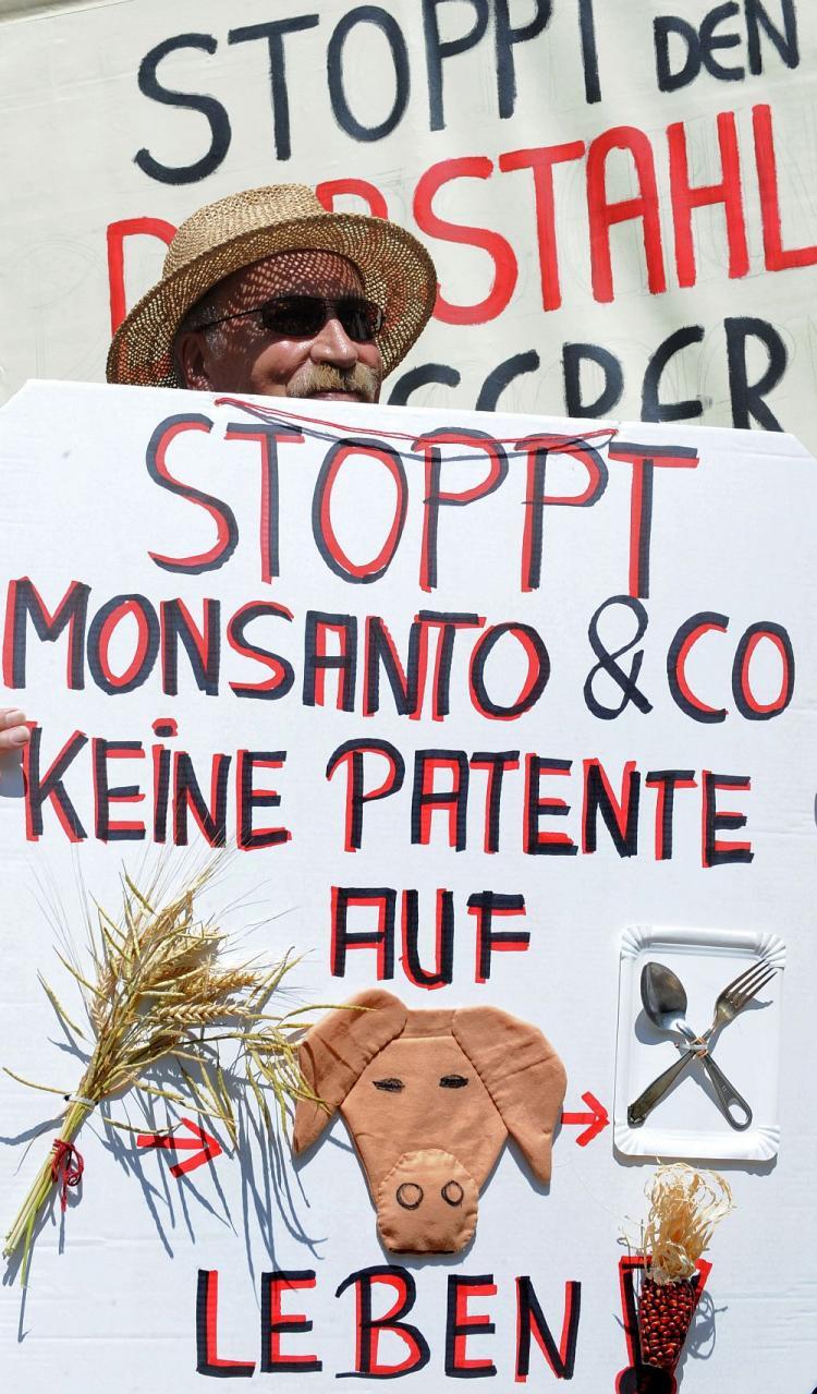 FIGHTING GMOs: A man protests with placards reading 'No patents on life, stop Monsanto' during a demonstration against food patents in Munich, Germany, on July 20, 2010. The Canadian National Research Council says it is not contemplating GMO wheat as part of its research on wheat improvements in Canada. (Christof Stache/AFP/Getty Images)