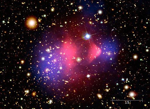 The distribution and movement of galaxies helped scientists figure out that dark matter could must be hiding in there. (NASA/CXC/M. Weiss (Chandra X-Ray Observatory: 1E 0657-56) [Public domain], via Wikimedia Commons)