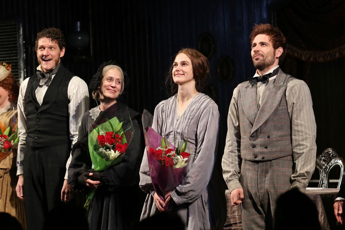 Gabriel Ebert, from Judith Light, Keira Knightley and Matt Ryan appear on stage at the Broadway opening night curtain call for "Therese Raquin" at Studio 54 on Thursday, Oct. 29, 2015, in New York. (Photo by Greg Allen/Invision/AP)