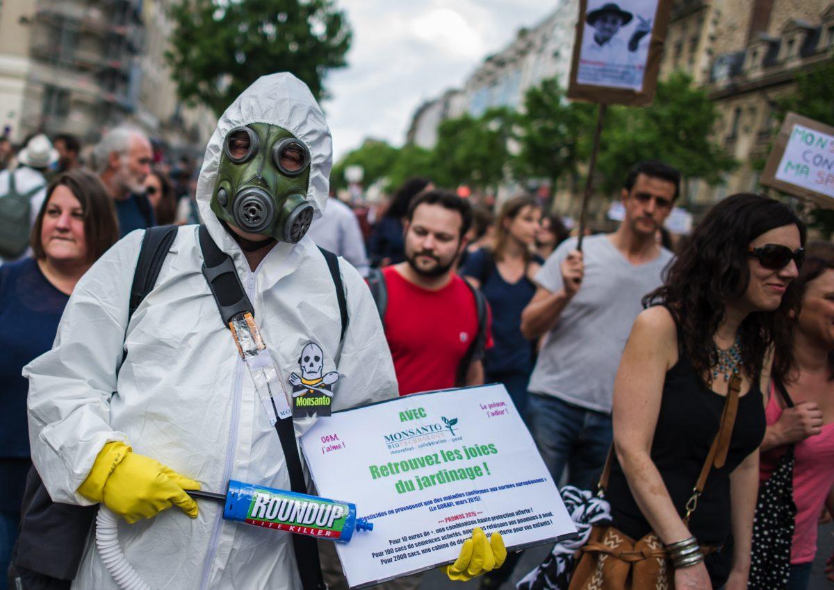 Protesters participate, during a World March Against Monsanto, in Paris, France, during a global day of action against the agricultural biotechnology company, in Paris, Saturday, May 23 2015. (AP Photo/Kamil Zihnioglu)