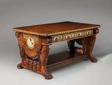 Library table from the William H. Vanderbilt House. Herter Brothers (1864–1906). New York City, 1879-1882. Rosewood, brass, mother-of-pearl, and abalone. The Metropolitan Museum of Art. (Image: The Metropolitan Museum of Art, New York)