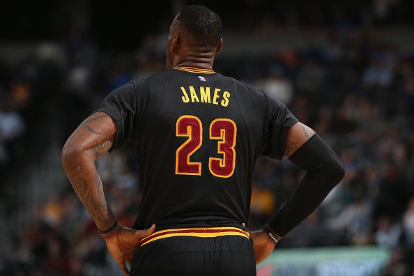 Detail of the jersey of LeBron James, #23 of the Cleveland Cavaliers as he takes the court against the Denver Nuggets at Pepsi Center in Denver, Colo., on Dec. 29, 2015. (Doug Pensinger/Getty Images)