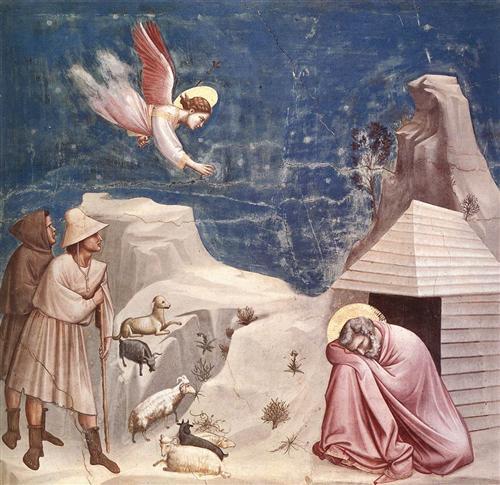 "The Dream of Joachim" by Giotto, completed in 1305. In a vision, an angel appears to tell Joachim that his wife Anna will bear a child, Mary.  (<a href="http://www.wikiart.org/en/giotto" target="_blank">Public Domain</a>)