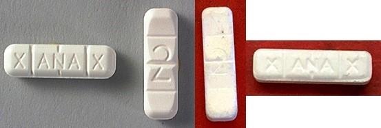 Counterfeit "Xanax" on red background. Real Xanax on grey. (SF Health Network)