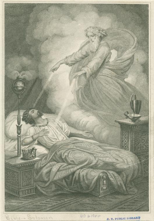 God comes to Solomon in a dream and imparts great wisdom to him. The year unknown. (<a href="http://digitalcollections.nypl.org/items/510d47e4-380e-a3d9-e040-e00a18064a99" target="_blank">NYPL</a>)