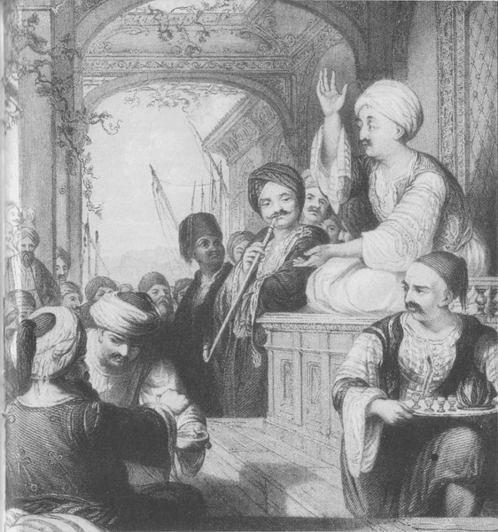 Storyteller (meddah) at a coffeehouse in the Ottoman Empire. (NYPL)