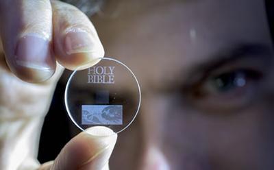 A nano-structured glass disk with the Holy Bible on it. (University of Southampton)