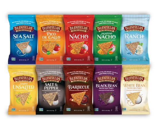 Beanfields tortilla chips made with rice and bean, in ten flavors. (Courtesy of Beanfields)