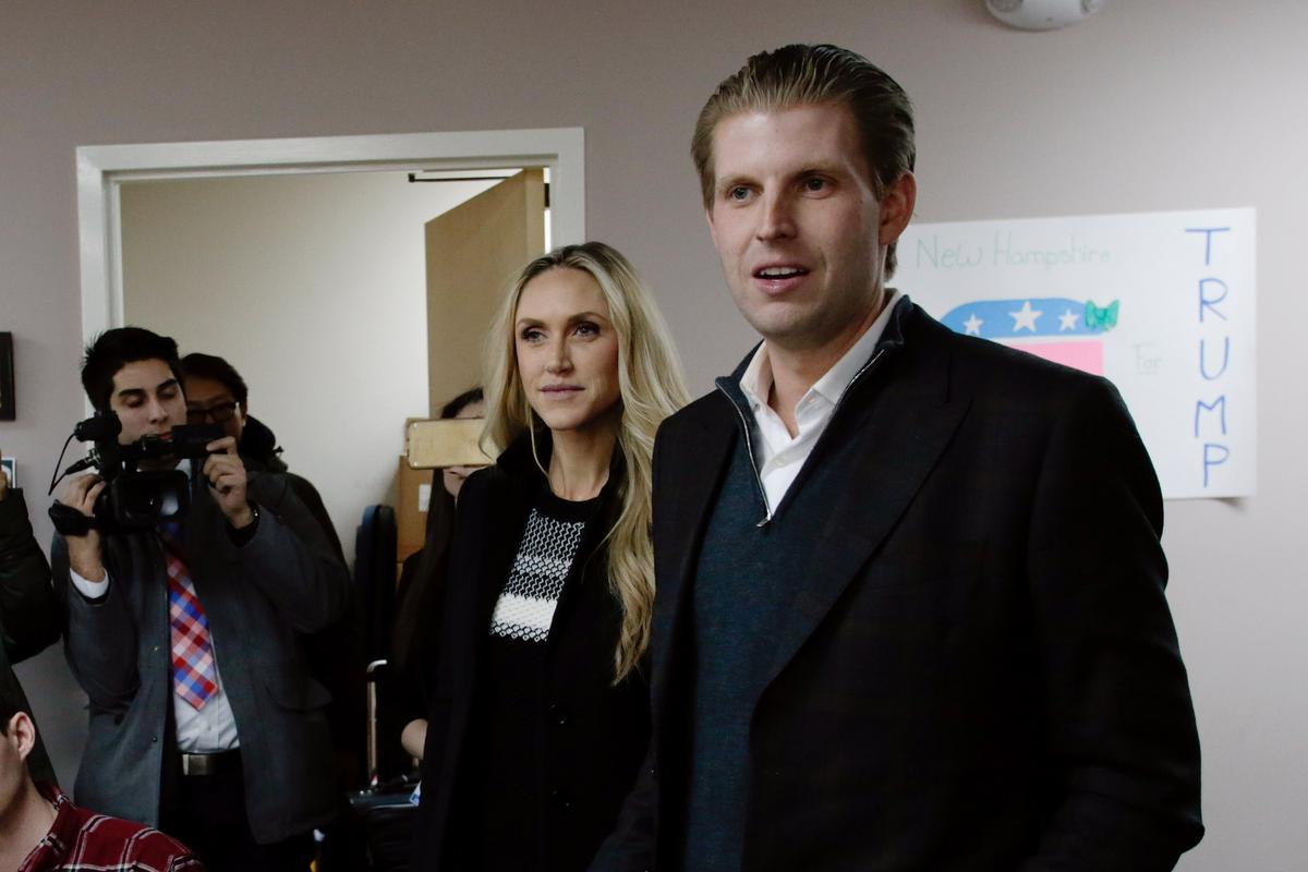 Eric Trump (R), son of Republican presidential candidate Donald Trump, along with wife Lara, in Manchester, New Hampshire on Feb. 9, 2016. (Matthew Cavanaugh/Getty Images)