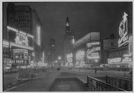 February 7, 1933— A southernly night time shot of Times Square by photographer Samuel Herman Gottscho (Library of Congress)