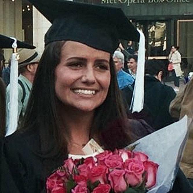 This May 2015 family photo shows Sascha Pinczowski at her graduation from Marymount Manhattan College in New York. Belgian authorities and the Dutch Embassy positively identified the remains of Pinczowski and her brother, Alexander Pinczowski, who died in the terrorist bombings in Brussels. (Courtesy of the family via AP)