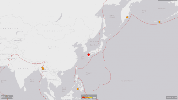 A map from the US Geological Society shows recent earthquakes around the world. This map shows the red dot on southern Japan after the 6.2 earthquake on April 14. (Courtesy of USGS)