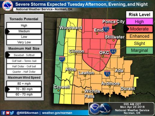 National Weather Service map showing areas in Oklahoma most likely affected by severe weather on April 26, 2016. (National Weather Service)