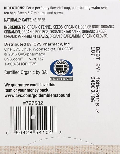 The label of the Gold Emblem Abound Organic Spiced Herbal Tea. (The U.S. Food and Drug Administration)