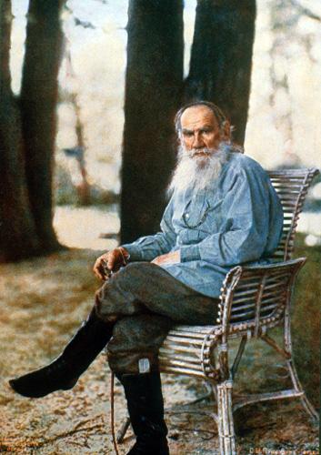 Lithograph print of photograph Leo Tolstoy by Prokudin-Gorsky, 1908, the first color photo portrait in Russia. (Public domain)