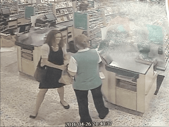 In this released surveillance photo, Tricia Todd (L) converses with a Publix grocery store employee just before exiting the location. This is her last known whereabout before being deemed 'missing' on April 27. (Martin County Sheriff's Office/Facebook)