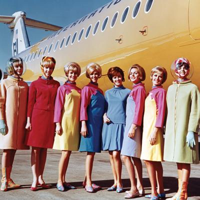Braniff International Airways hostesses in uniforms by Emilio Pucci, 1965. (Braniff International Public Relations Archives, History of Aviation Collection, UT-Dallas)