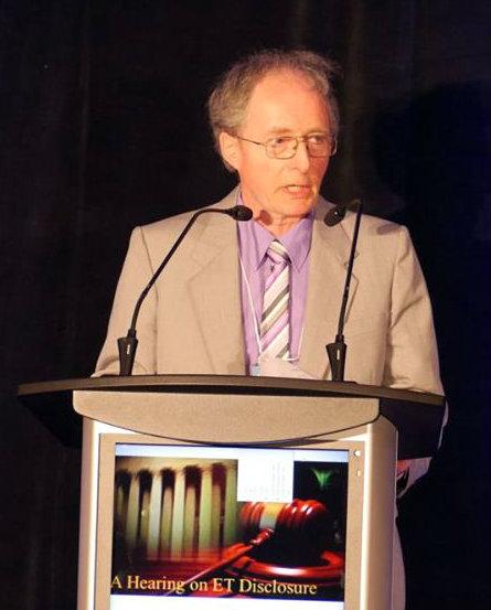 Grant Cameron discusses information that may remain classified related to unidentified aerial phenomena (UAP) at a disclosure hearing in Brantford, Canada, on June 25, 2016. (Courtesy of Zland Communications)