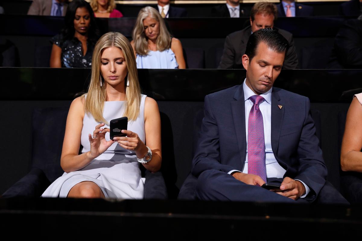 Donald Trump's children Ivanka Trump and Donald Trump Jr., during the second day session of the Republican National Convention in Cleveland, Tuesday, July 19, 2016. (AP Photo/Carolyn Kaster)
