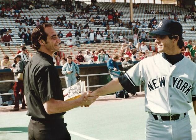Vincent J. Bove with Yankee shortstop Bucky Dent prior to a game on April 19, 1982. Dent was MLB All-Star and 1978 World Series MVP. (Courtesy of Vincent J. Bove Publishing/Credit: Nick Ciranni)