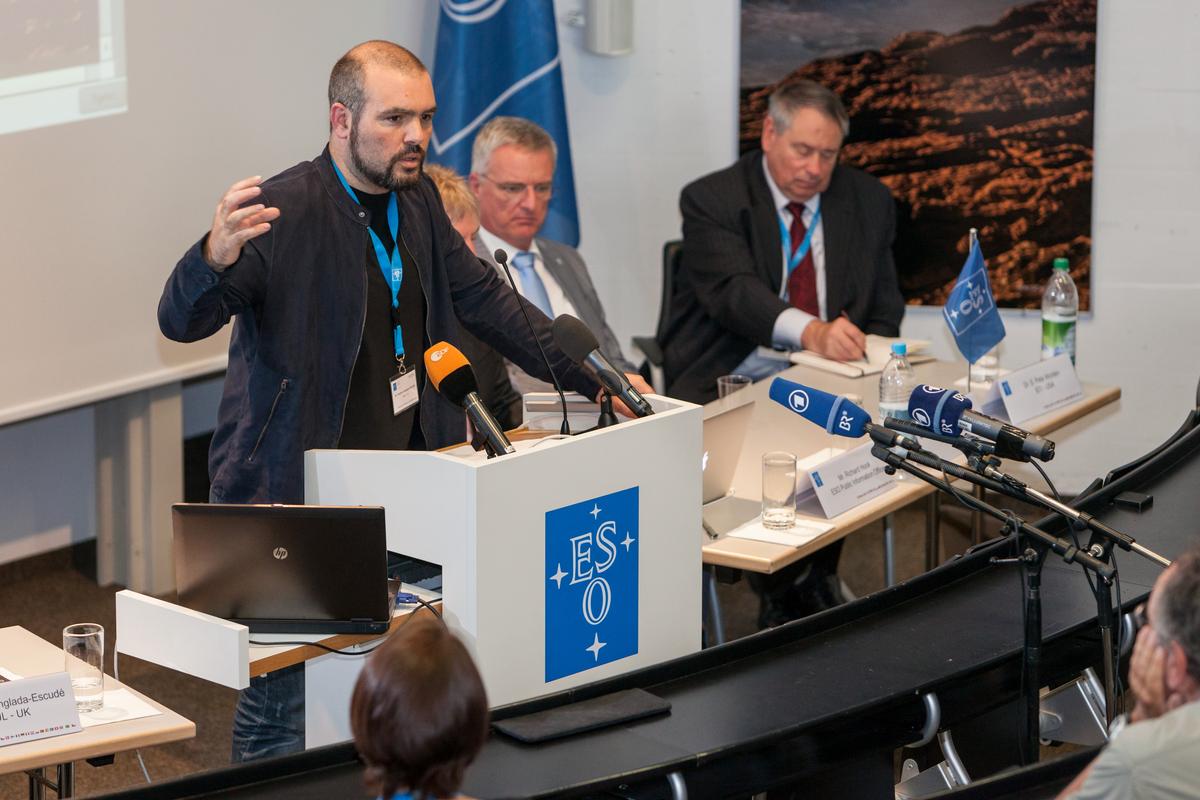 Dr. Guillem Anglada-Escudé, one of the scientists who participated in the observation of a newly discovered planet in a habitable zone relatively close to our solar system, speaks at a press conference at the European Southern Observatory (ESO) headquarters in Garching, near Munich, Germany, on Aug. 24, 2016. (ESO/M. Zamani)