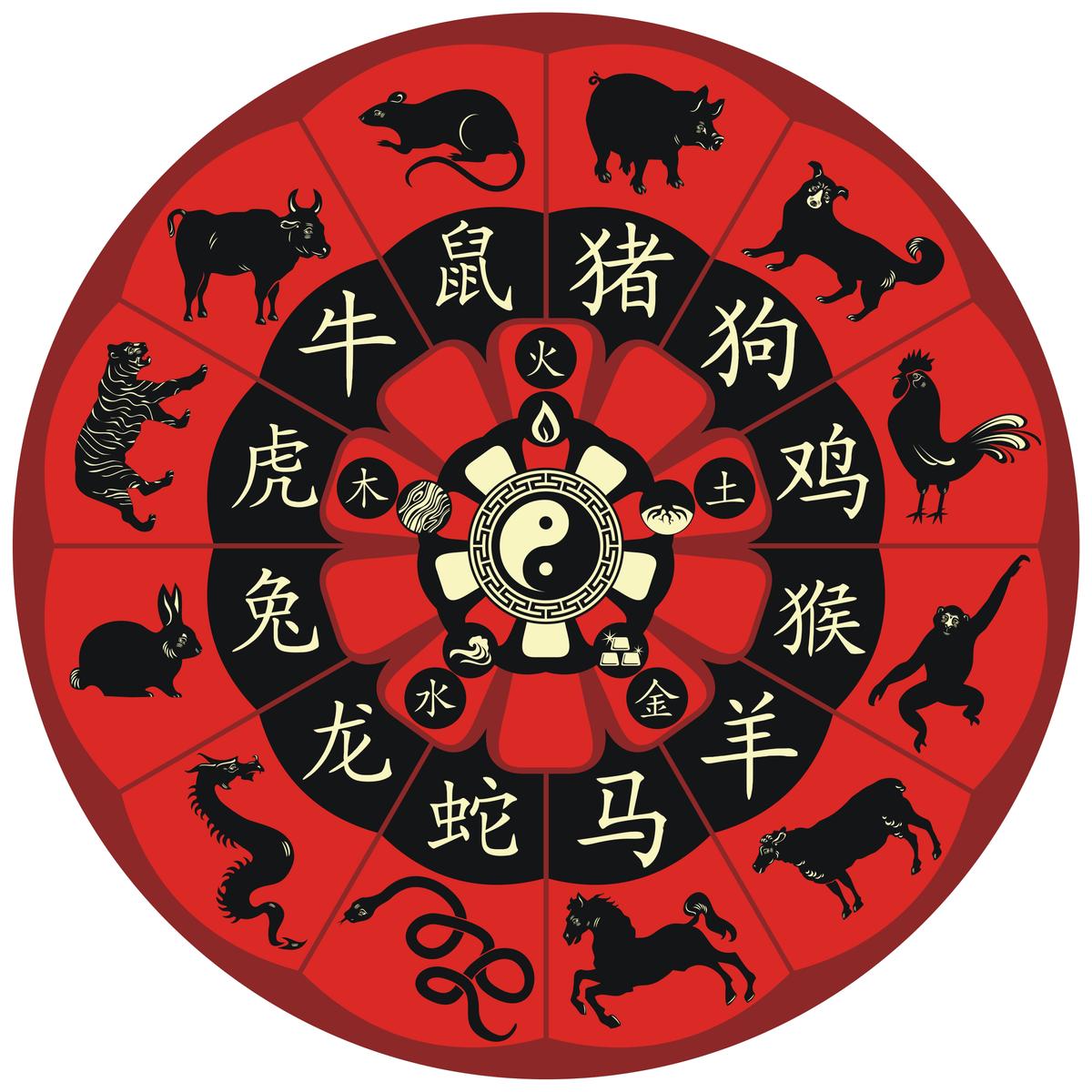 The Chinese zodiac wheel, including symbols of the five elements. (Yurumi/Shutterstock)