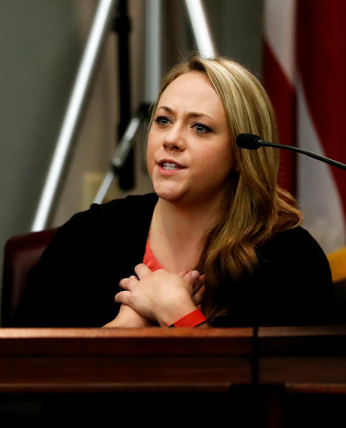Leanna Taylor testifies during a murder trial for her ex-husband Justin Ross Harris in Brunswick, Ga., on Oct. 31, 2016. (AP Photo/John Bazemore, Pool)