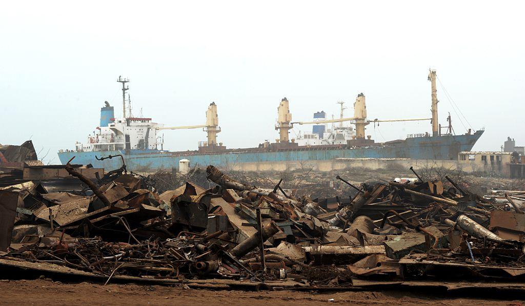 A recently beached<em> </em>cargo vessel waits to be dismantled at a ship-breaking plot in Geddani, Pakistan, on July 11, 2012. (Roberto Schmidt/AFP/Getty Images)