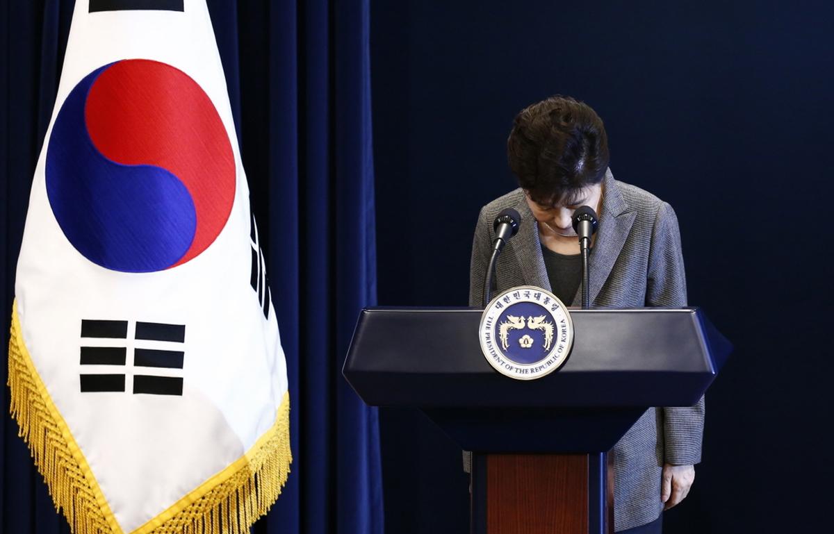 South Korean President Park Geun-hye during her address to the nation at the presidential Blue House in Seoul on Nov. 29, 2016. (Pool Photo via AP)