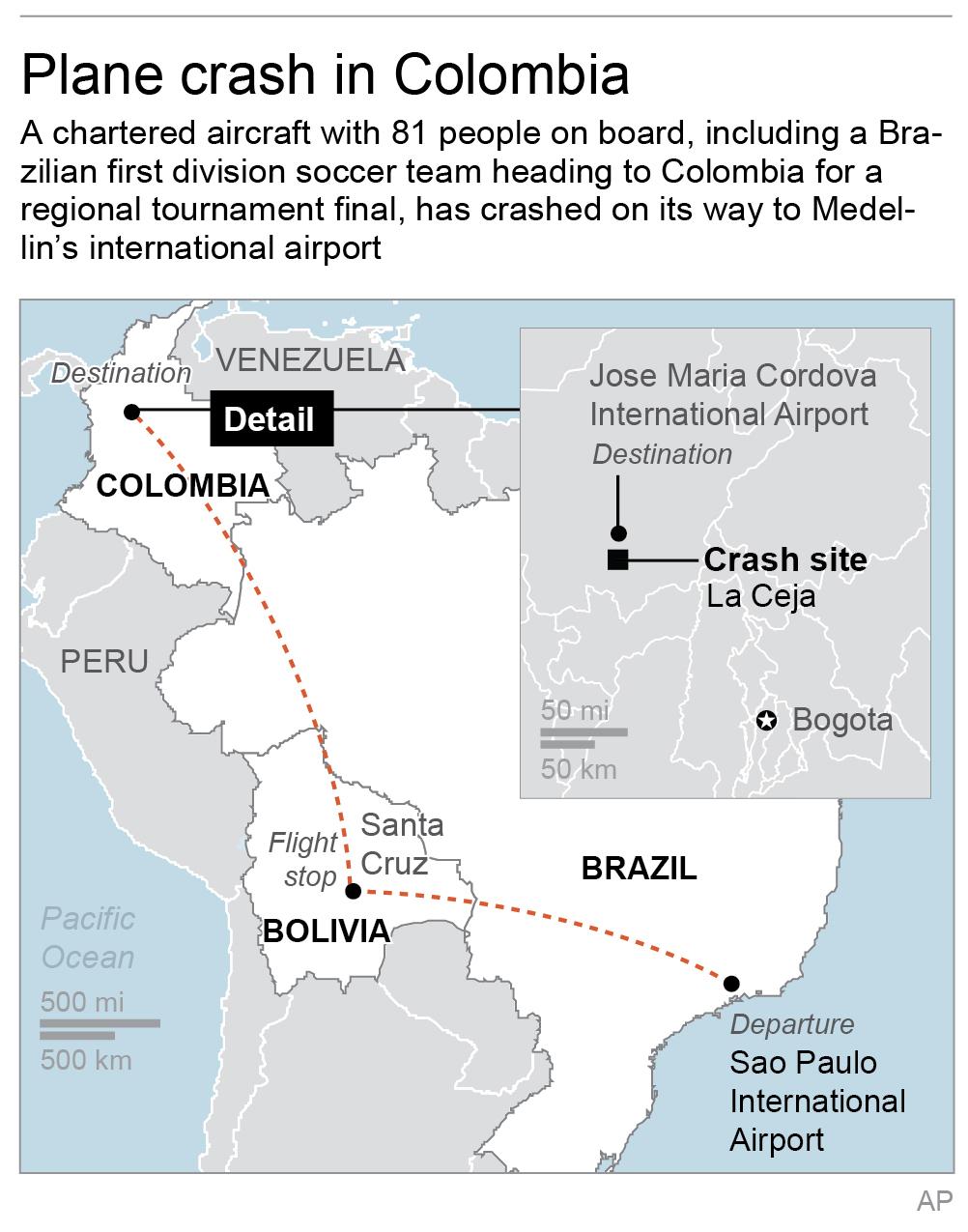 Map locates departure, flight stop, destination and crash site of plane heading to Colombia. (AP)