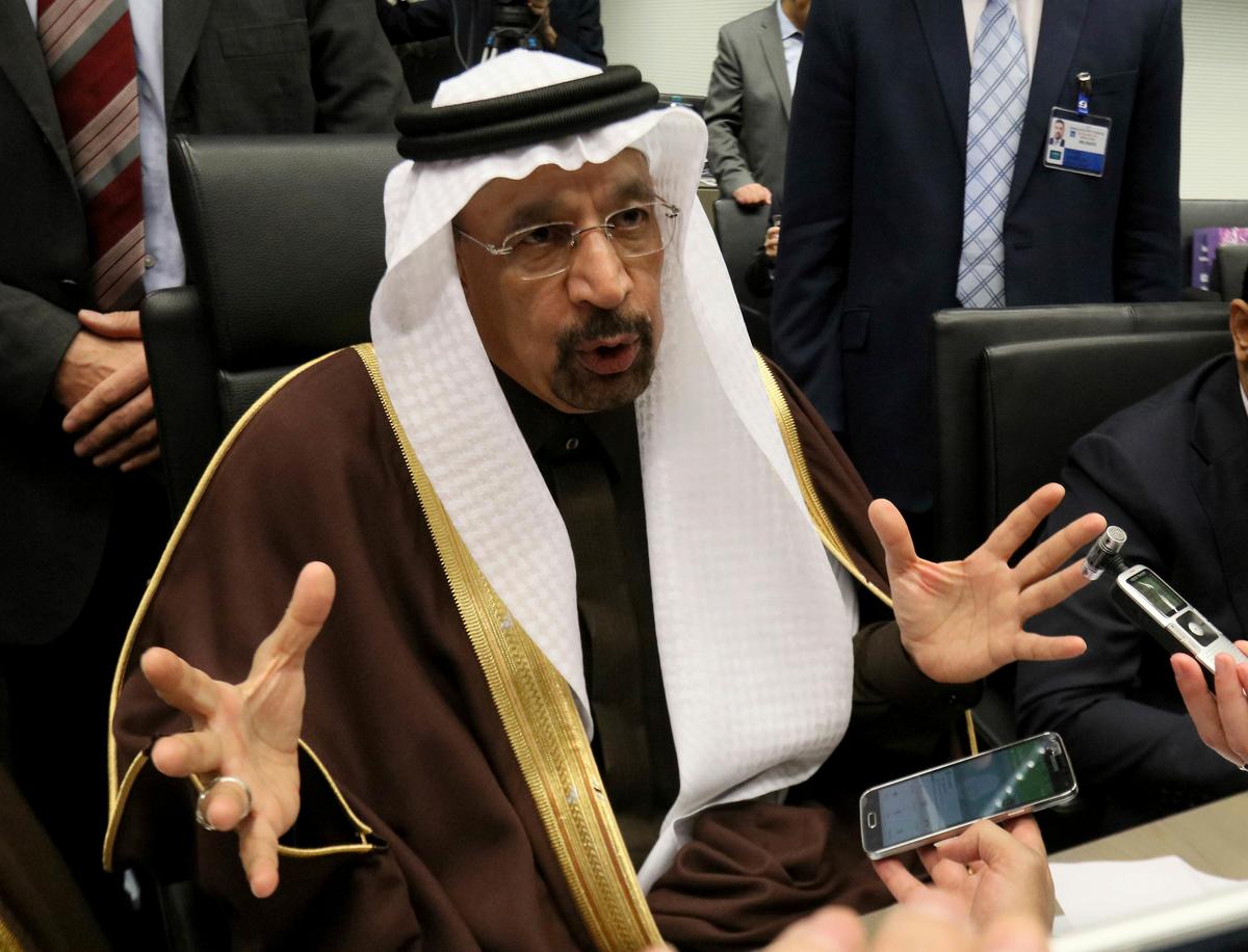 Khalid Al-Falih Minister of Energy, Industry and Mineral Resources of Saudi Arabia speaks to journalists prior to the start of a meeting of the Organization of the Petroleum Exporting Countries, OPEC, at their headquarters in Vienna, Austria on Nov. 30, 2016. (AP Photo/Ronald Zak)