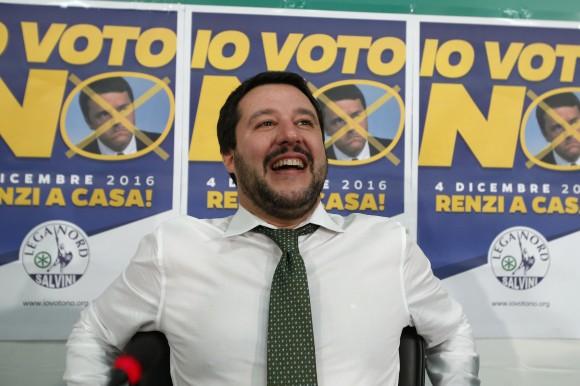 Northern League's leader Matteo Salvini smiles at his party's headquarters where he was waiting for the outcome of a constitutional referendum in Milan, Italy on Dec. 5, 2016. (AP Photo/Antonio Calanni)