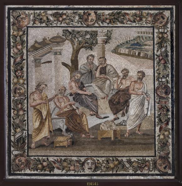 Roman mosaic depicting the seven sages ("Plato's Academy"), first century B.C. to first century A.D., Villa of Titus Siminius Stephanus, Pompeii. Stone, 34 inches high by 33 inches wide. Museo Archeologico Nazionale di Napoli. (Guido Petruccioli/Institute for the Study of the Ancient World)
