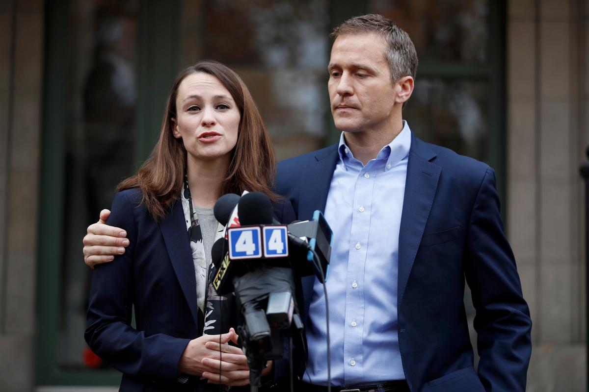Missouri Gov.-elect Eric Greitens and his wife Sheena speak to the media in St. Louis on Dec. 6, 2016. (AP Photo/Jeff Roberson)