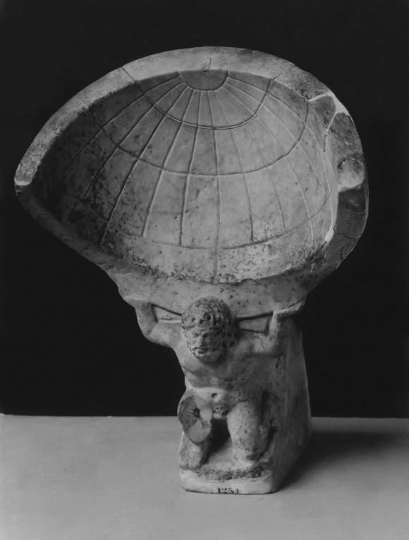 Statuette of Atlas bearing ornamental spherical sundial, possibly second century A.D., Tor Paterno, near Ostia. Marble, 20 inches high. Sir John Soane's Museum, London. (Sir John Soane's Museum, London)