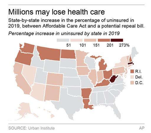 State-by-state increase in the percentage of uninsured. (Via AP)