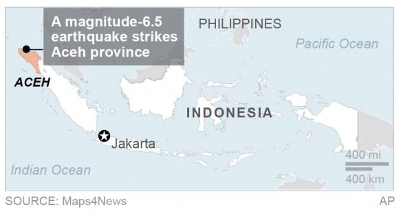 Map locates earthquake near Aceh, Indonesia.