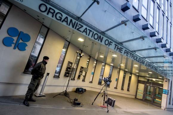 An Austrian soldier stands guard outside the OPEC headquarters on the eve of the 171th meeting of the Organization of the Petroleum Exporting Countries (OPEC) in Vienna, on Nov. 29, 2016. (JOE KLAMAR/AFP/Getty Images)