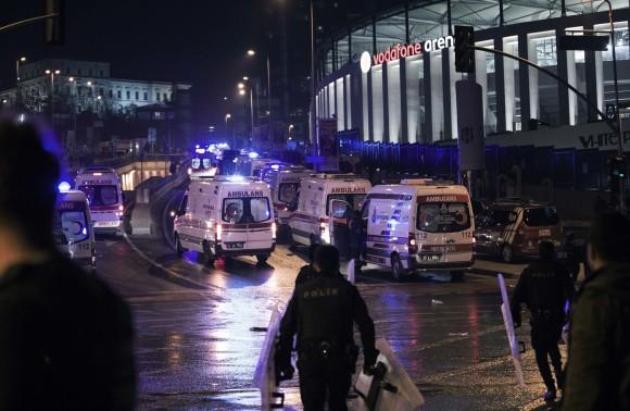 Rescue services and ambulances rush to the scene of explosions near the Besiktas football club stadium after attacks in Istanbul, on Dec. 10, 2016. (AP Photo/Halit Onur Sandal)