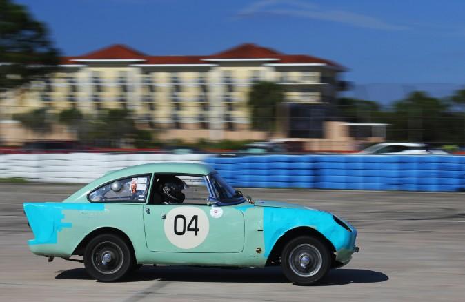 Jake Auerbach and Bradley Price drove this battered and patched #04 1961 Sunbeam Alpine LeMans to third in class E-6. (Chris Jasurek/Epoch Times)
