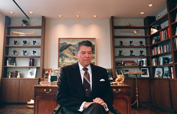 Former US President Ronald Reagan sits in his office in Century City, Calif. on Jun. 9, 1989. (CARLOS SCHIEBECK/AFP/Getty Images)