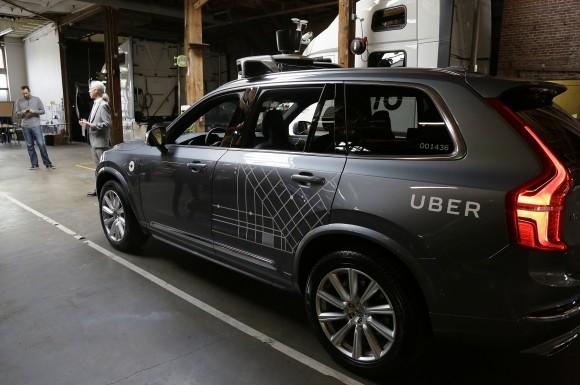 An Uber driverless car is displayed in a garage in San Francisco on Dec. 13, 2016. (AP Photo/Eric Risberg)