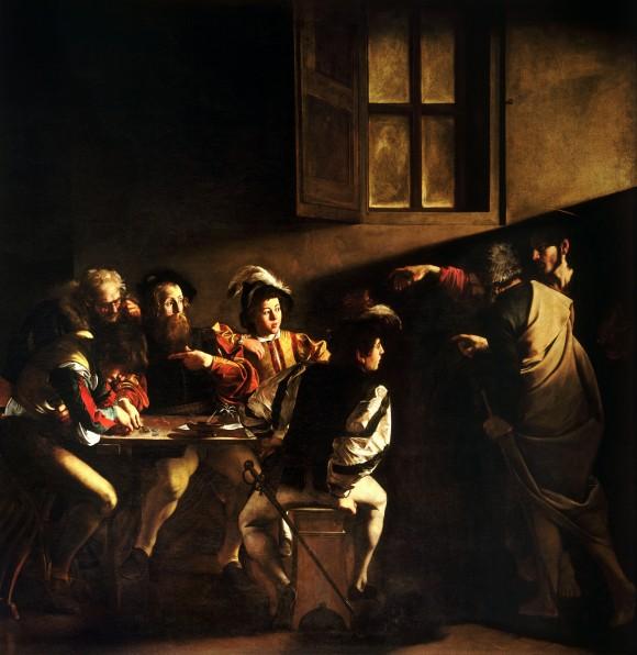 A photographic reproduction of The Calling of Saint Matthew by Michelangelo Merisi da Caravaggio completed in 1599–1600. (Public Domain)