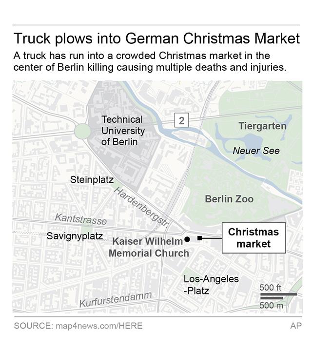 Map locates Christmas market where the truck attack happened. (Via AP)