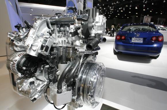 In this file photo, a Volkswagen Jetta TDI diesel engine is displayed at the Los Angeles Auto Show. (AP Photo/Damian Dovarganes, File)
